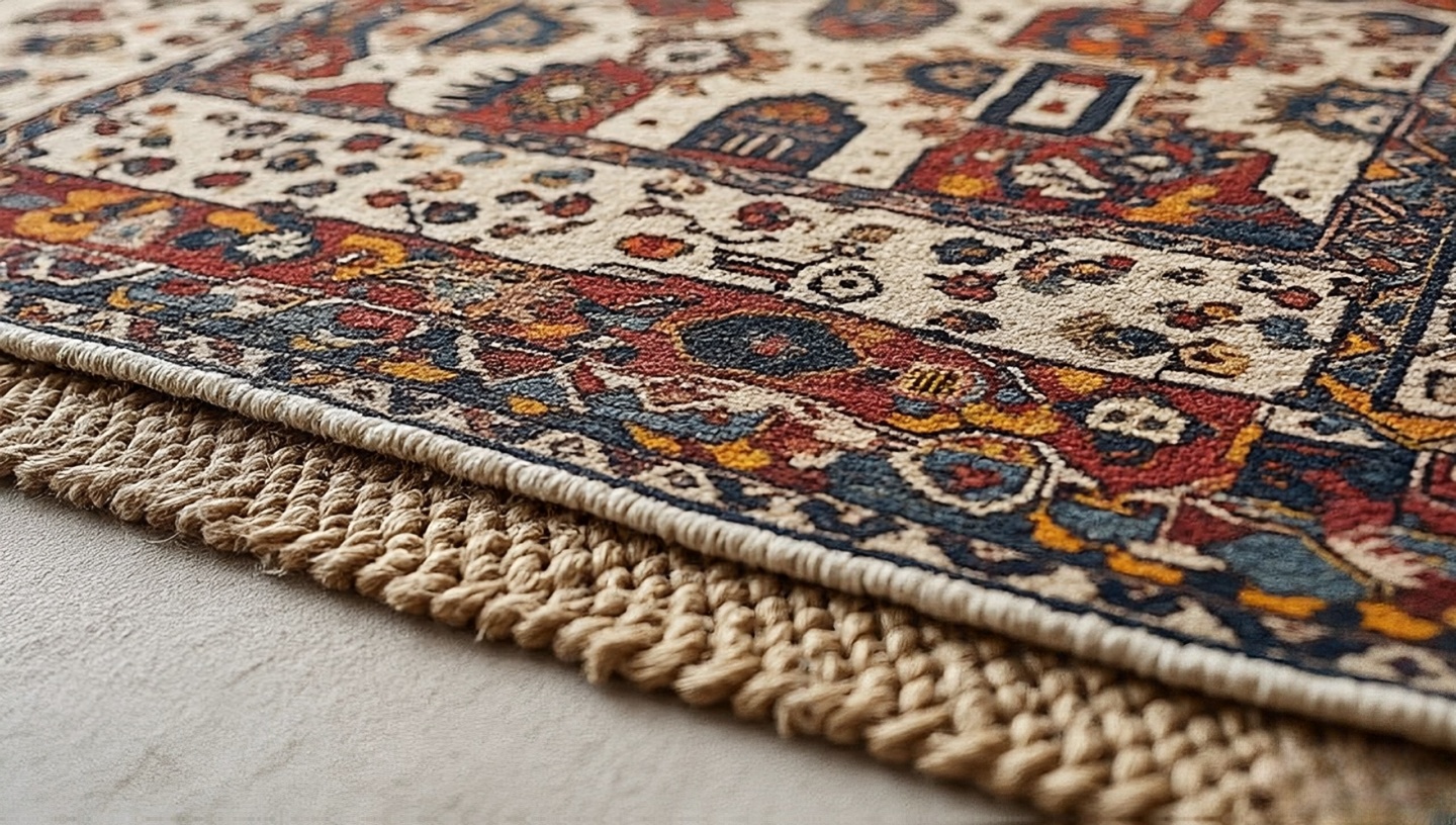 Close-up of two overlapping rugs, jute base with patterned wool on top, illustrating why to layer rugs