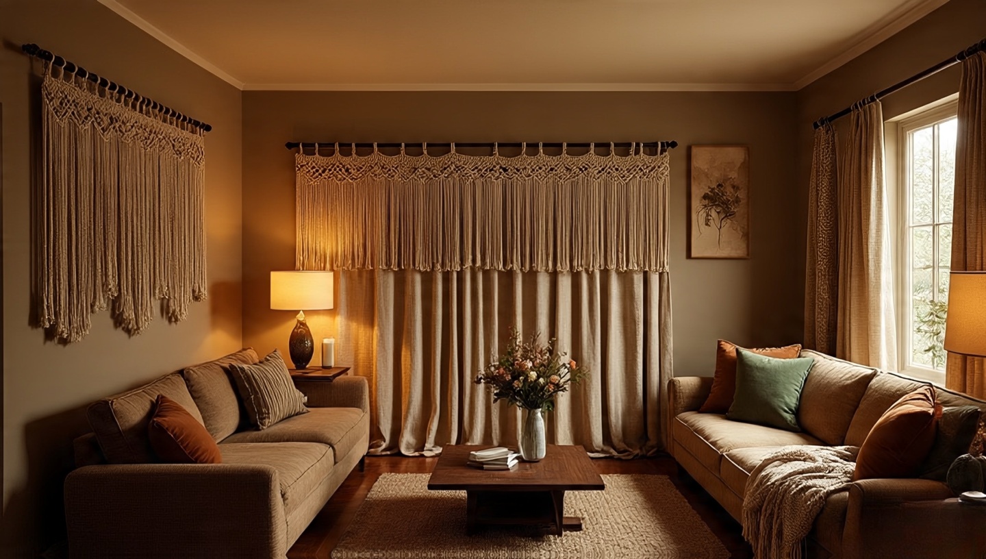 Living room with layered ambient, task, and accent Boho lighting with macrame curtains casting soft shadows